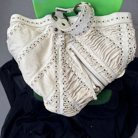 Ivory Isabella Fiore ruched brass grommets studded large leather hobo bag

- - Picture 3 of 16